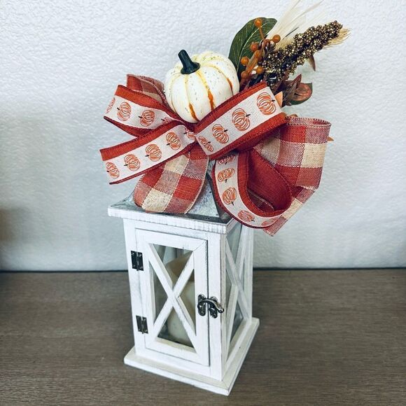 Fall Autumn Farmhouse White Wooden Pumpkin Floral Battery Candle Lantern - Picture 1 of 5